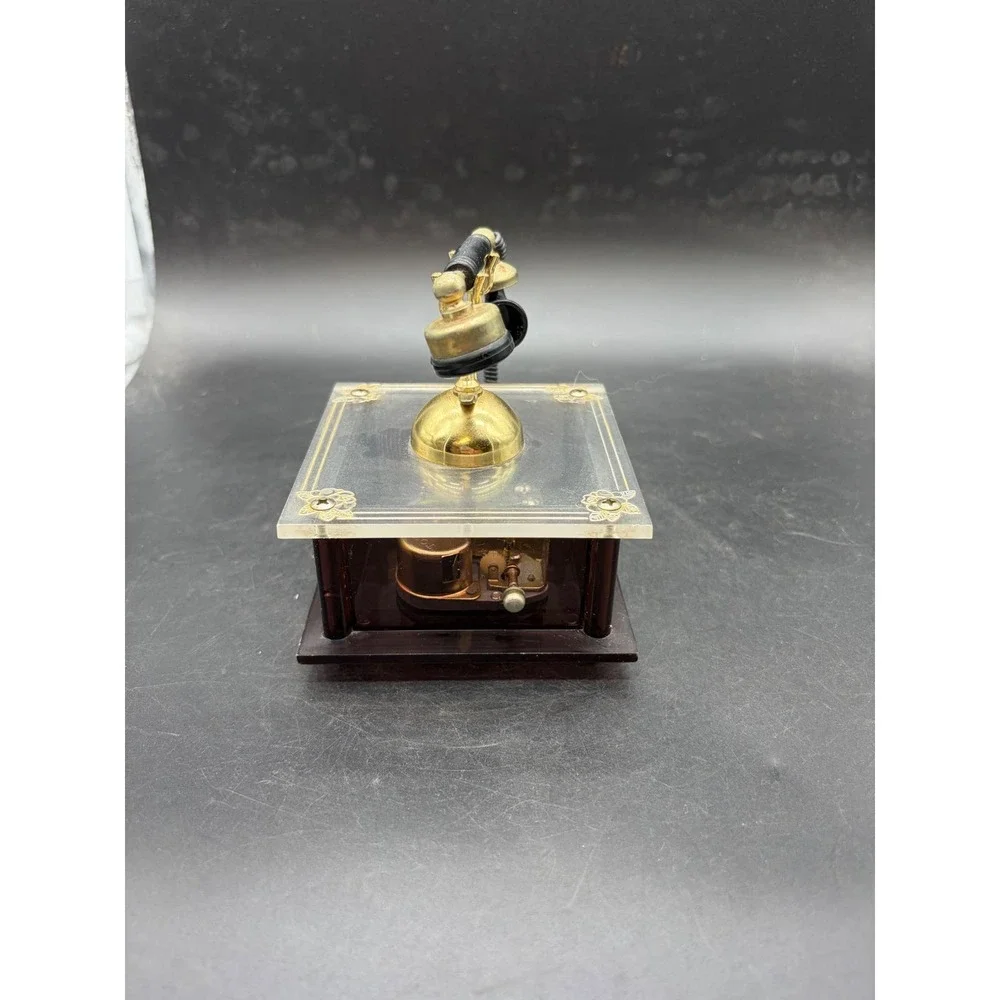 Vintage Sankyo Telephone Music Box Japan Clear Acrylic Gold Tone Wind Up Decor